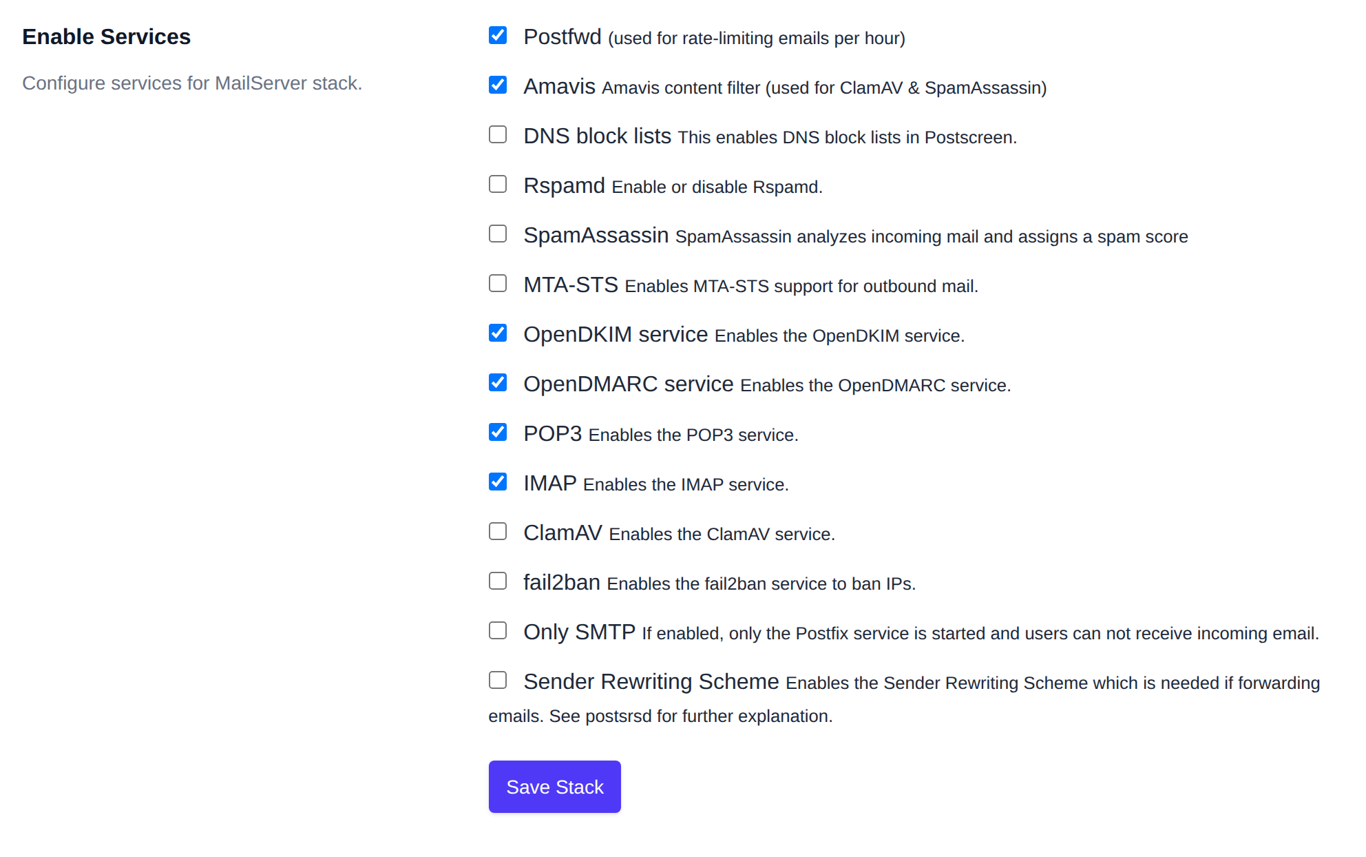 Enable Services section with toggles for the mail server services