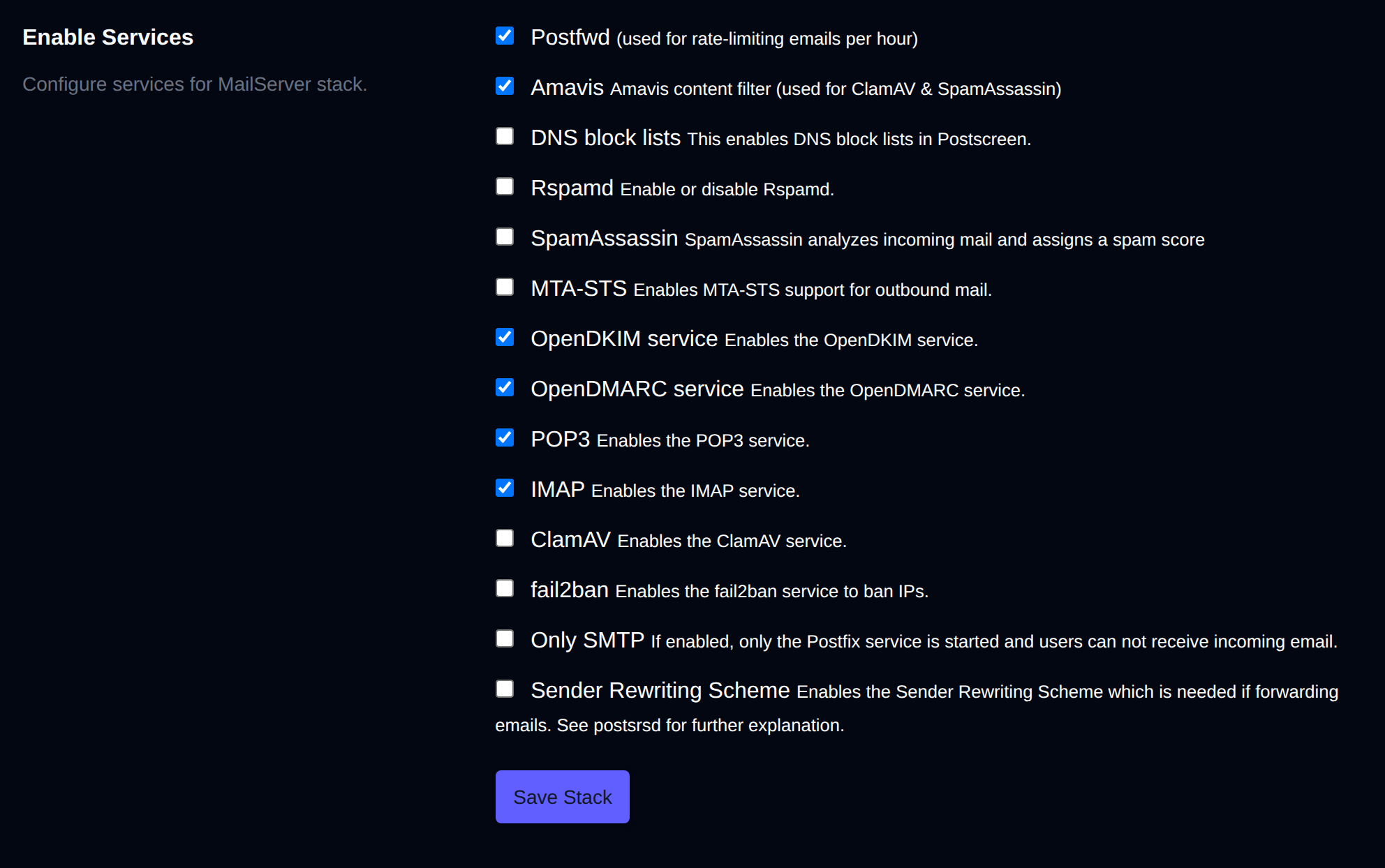 Enable Services section with toggles for the mail server services