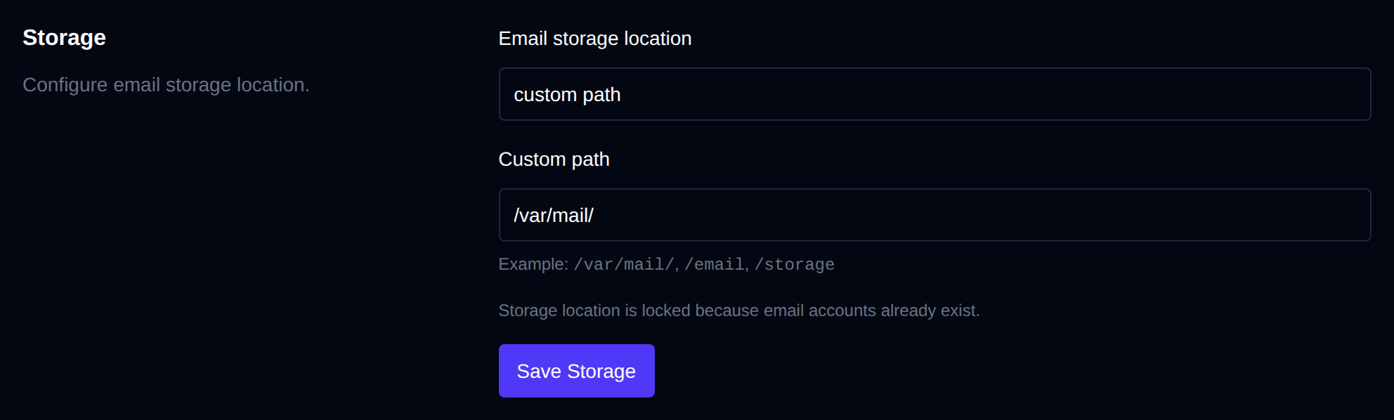 Storage section with the email storage location