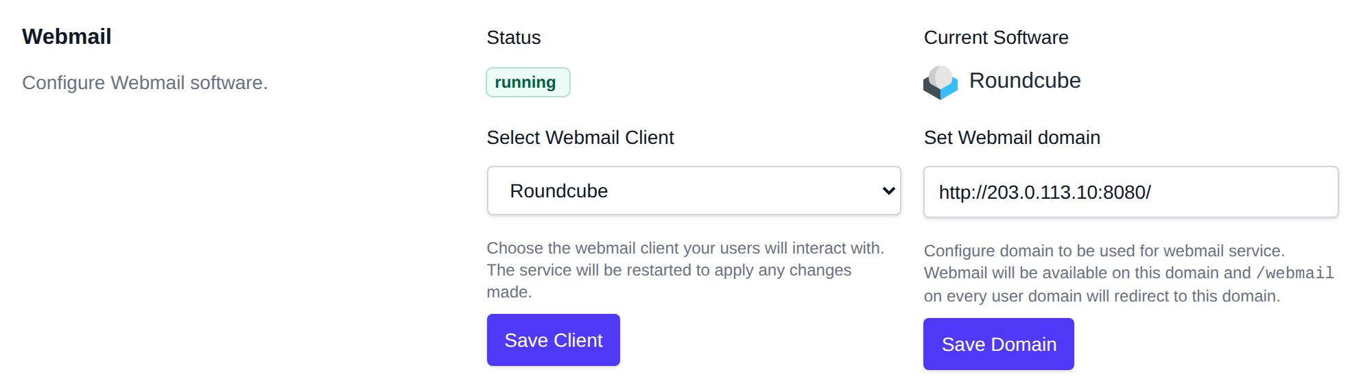 Webmail section with the webmail status, client dropdown and webmail domain