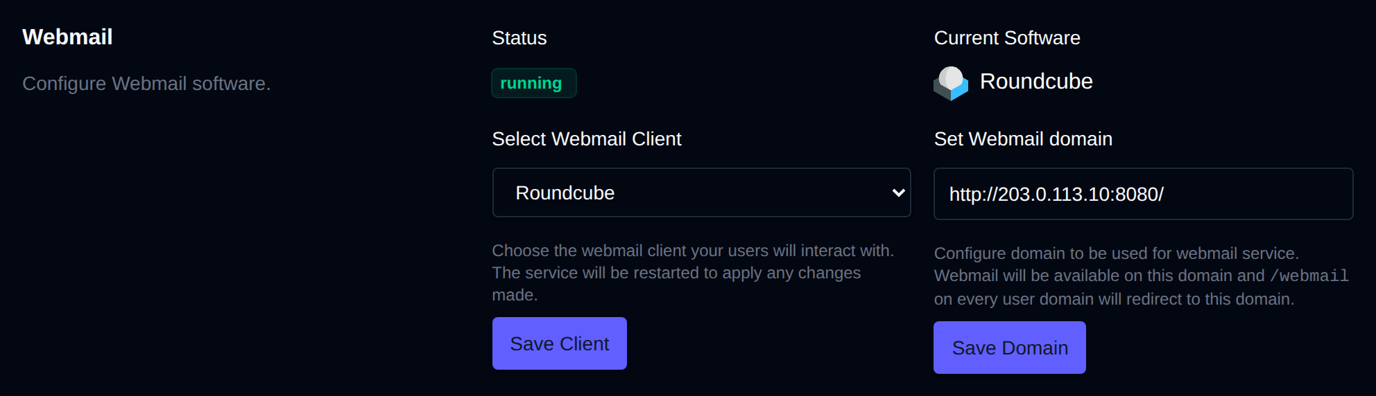 Webmail section with the webmail status, client dropdown and webmail domain