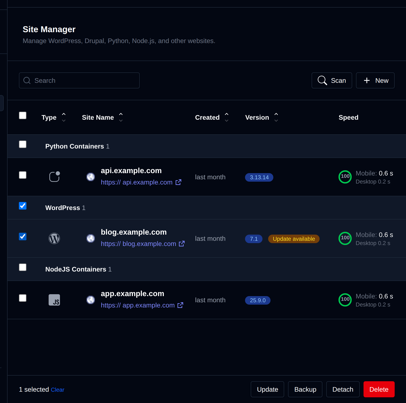 Site Manager with one site selected and the bulk action bar with Update, Backup, Detach and Delete buttons