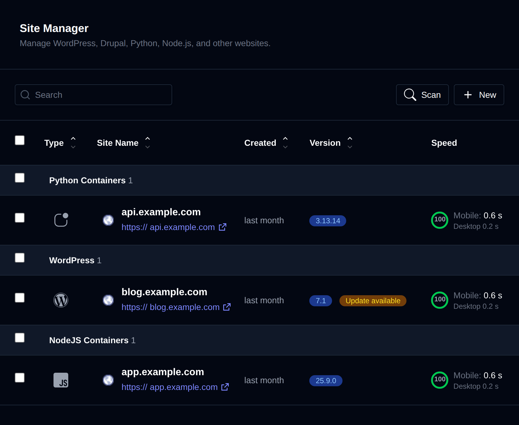 Site Manager listing websites grouped by type with their version, creation date and PageSpeed scores