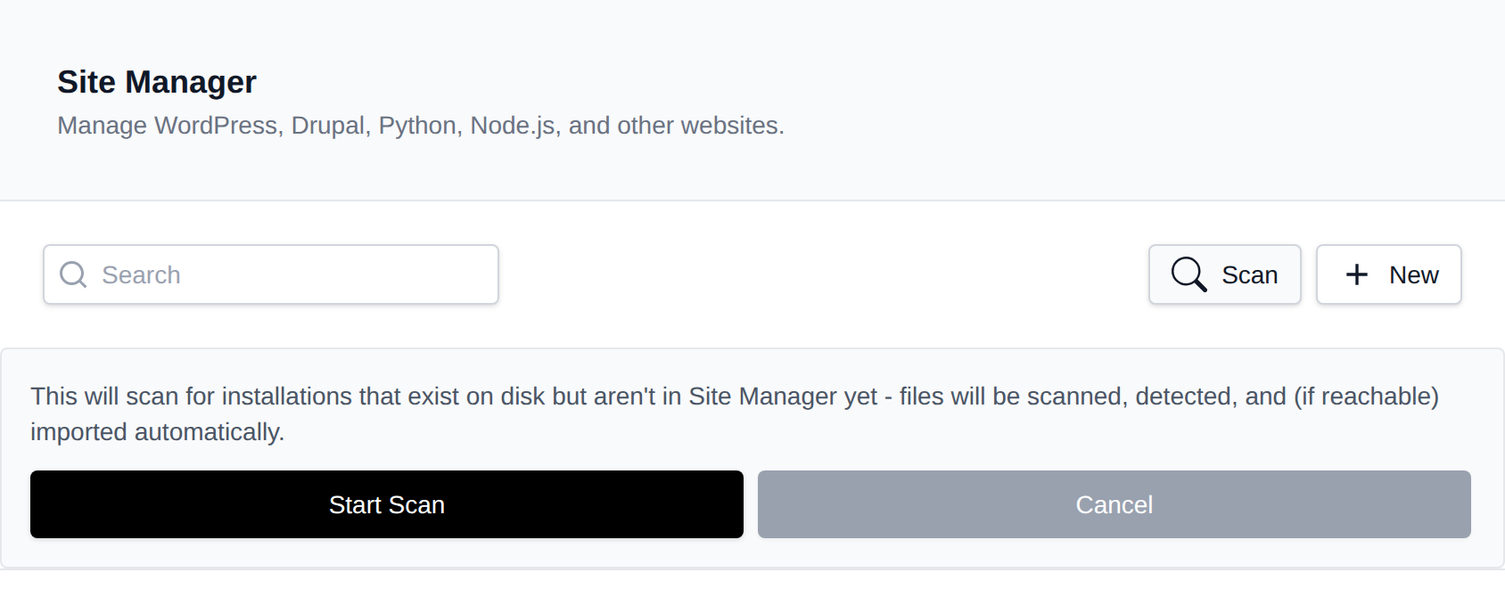 Scan button in Site Manager and the confirmation box that explains the scan, with Start Scan and Cancel buttons