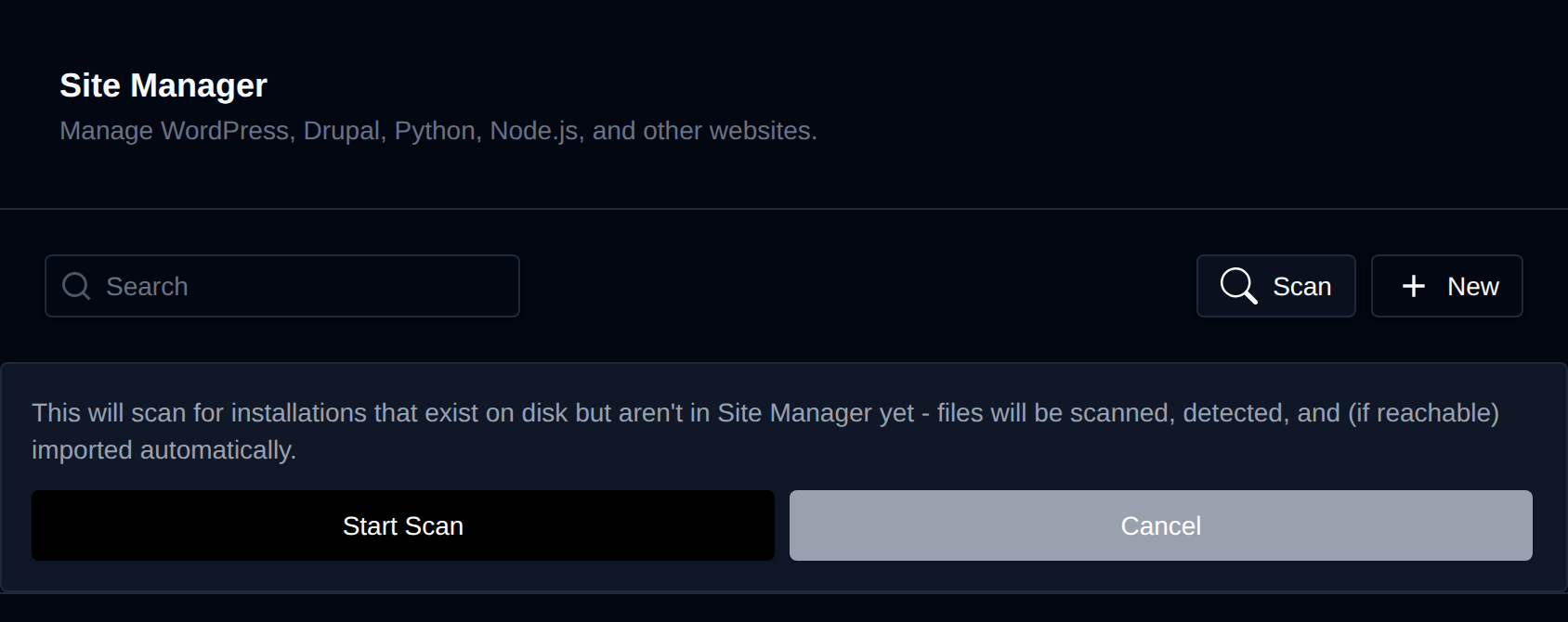 Scan button in Site Manager and the confirmation box that explains the scan, with Start Scan and Cancel buttons
