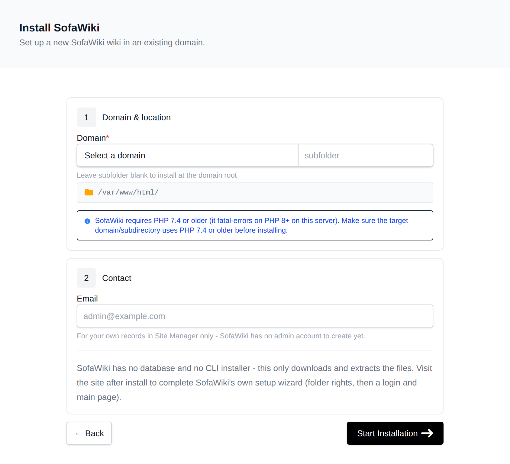 Install SofaWiki form with the site details, domain and location, and admin credentials