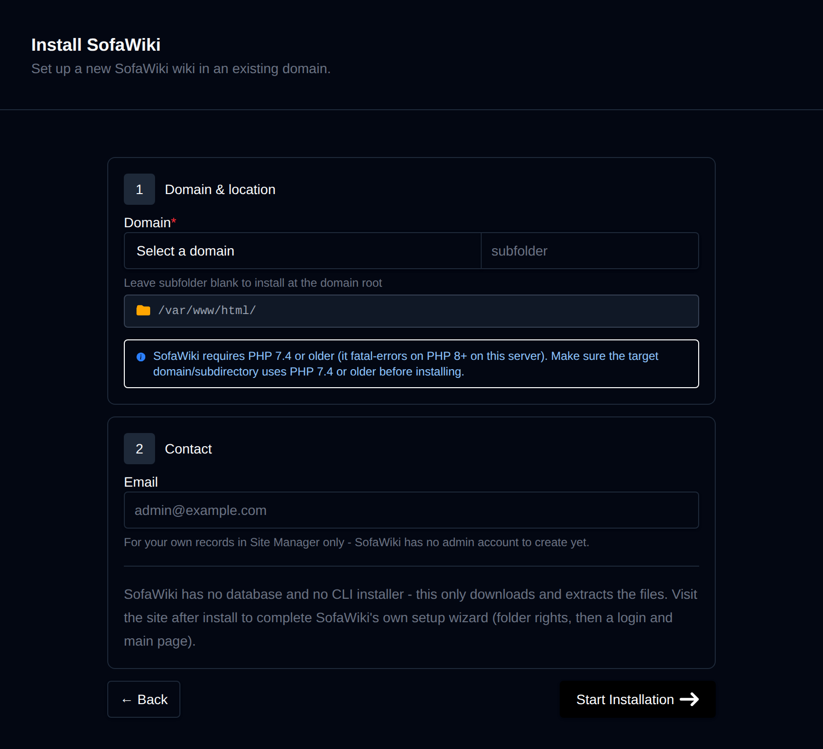 Install SofaWiki form with the site details, domain and location, and admin credentials