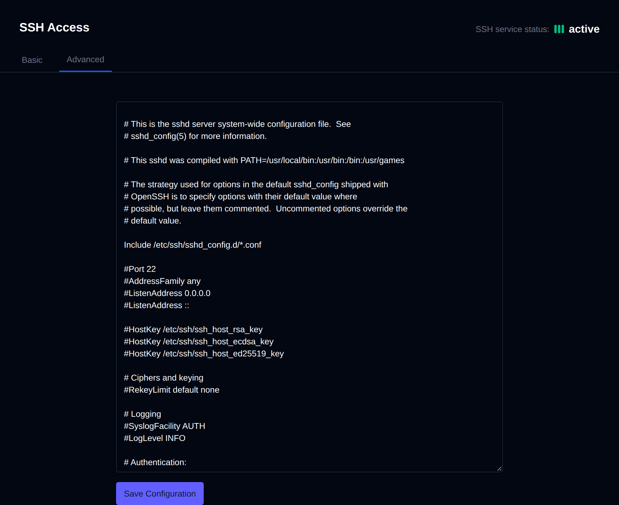SSH Access Advanced tab with the sshd configuration editor