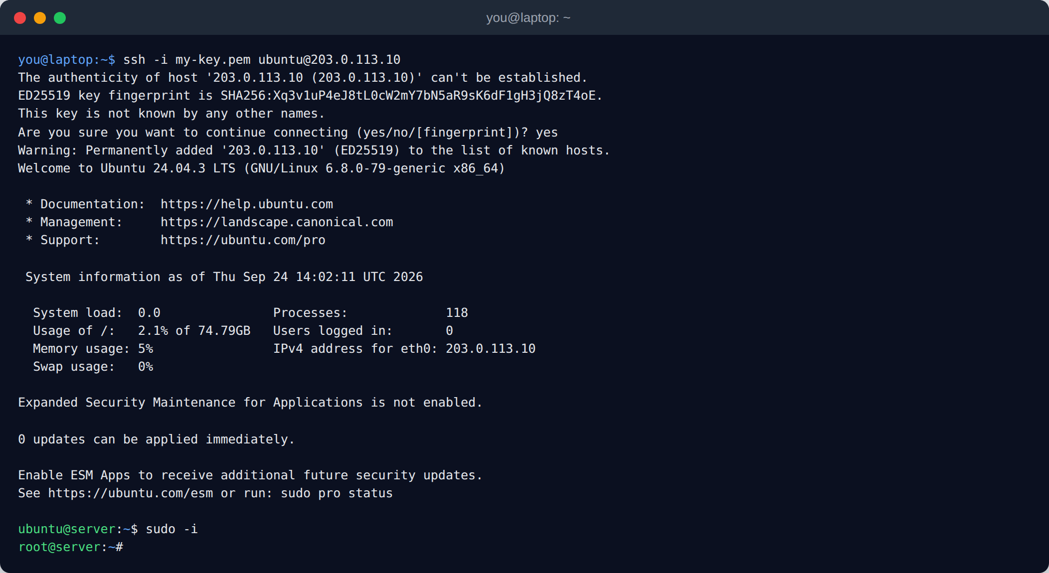 Terminal showing the first SSH connection as ubuntu and switching to root with sudo -i: confirming the server's host key fingerprint, the Ubuntu 24.04 welcome message, and the root prompt