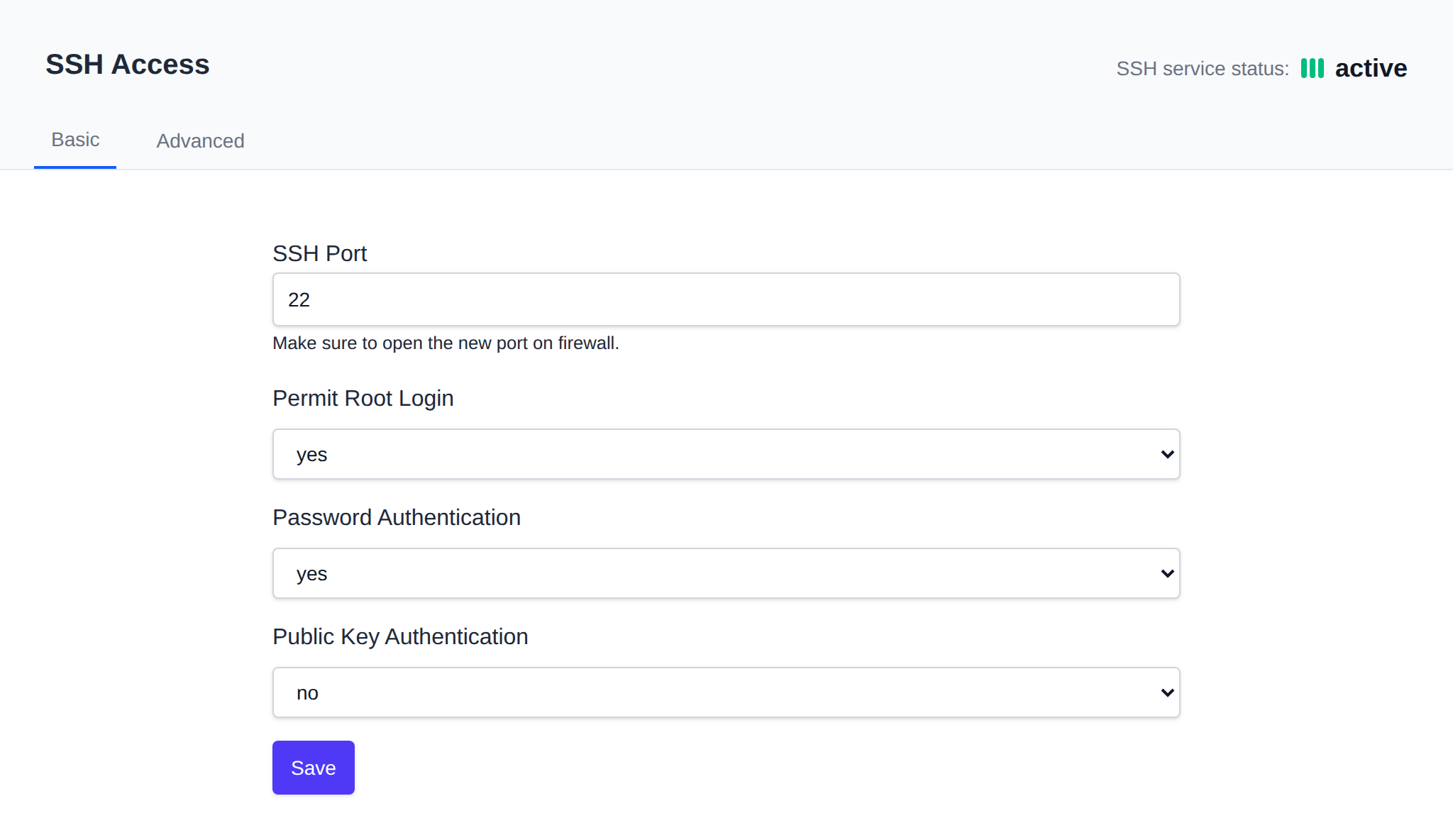 SSH Access page on the Basic tab with the SSH port, root login, password and public key authentication settings