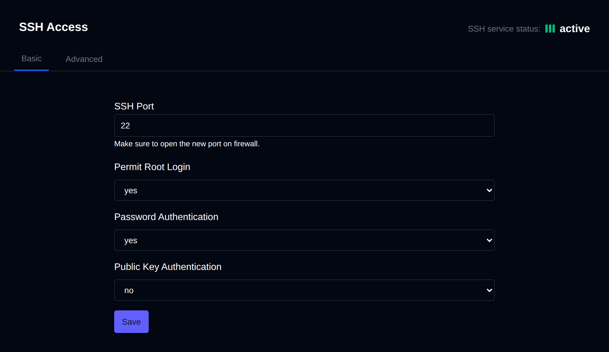 SSH Access page on the Basic tab with the SSH port, root login, password and public key authentication settings