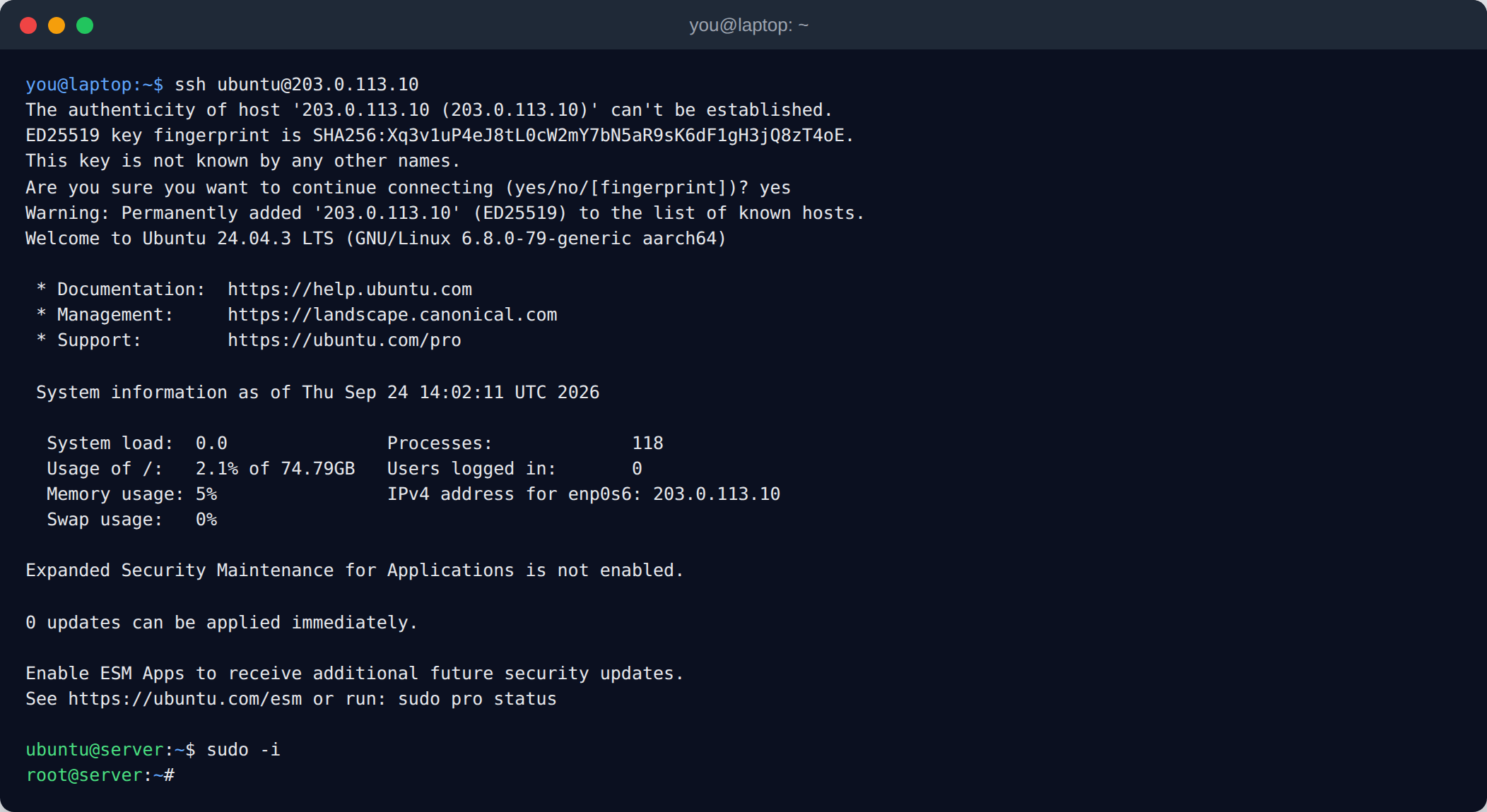 Terminal showing the first SSH connection as ubuntu and switching to root with sudo -i on an ARM64 (AArch64) instance: confirming the server's host key fingerprint, the Ubuntu 24.04 welcome message, and the root prompt