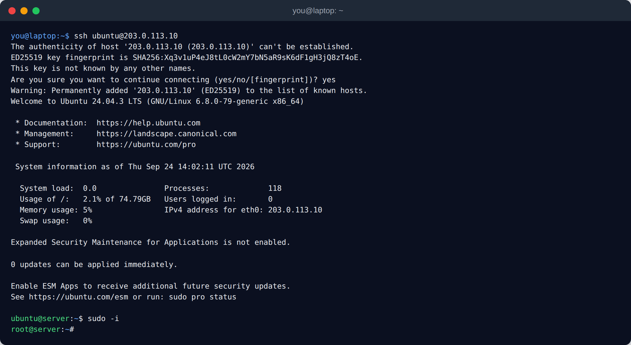 Terminal showing the first SSH connection as ubuntu and switching to root with sudo -i: confirming the server's host key fingerprint, the Ubuntu 24.04 welcome message, and the root prompt