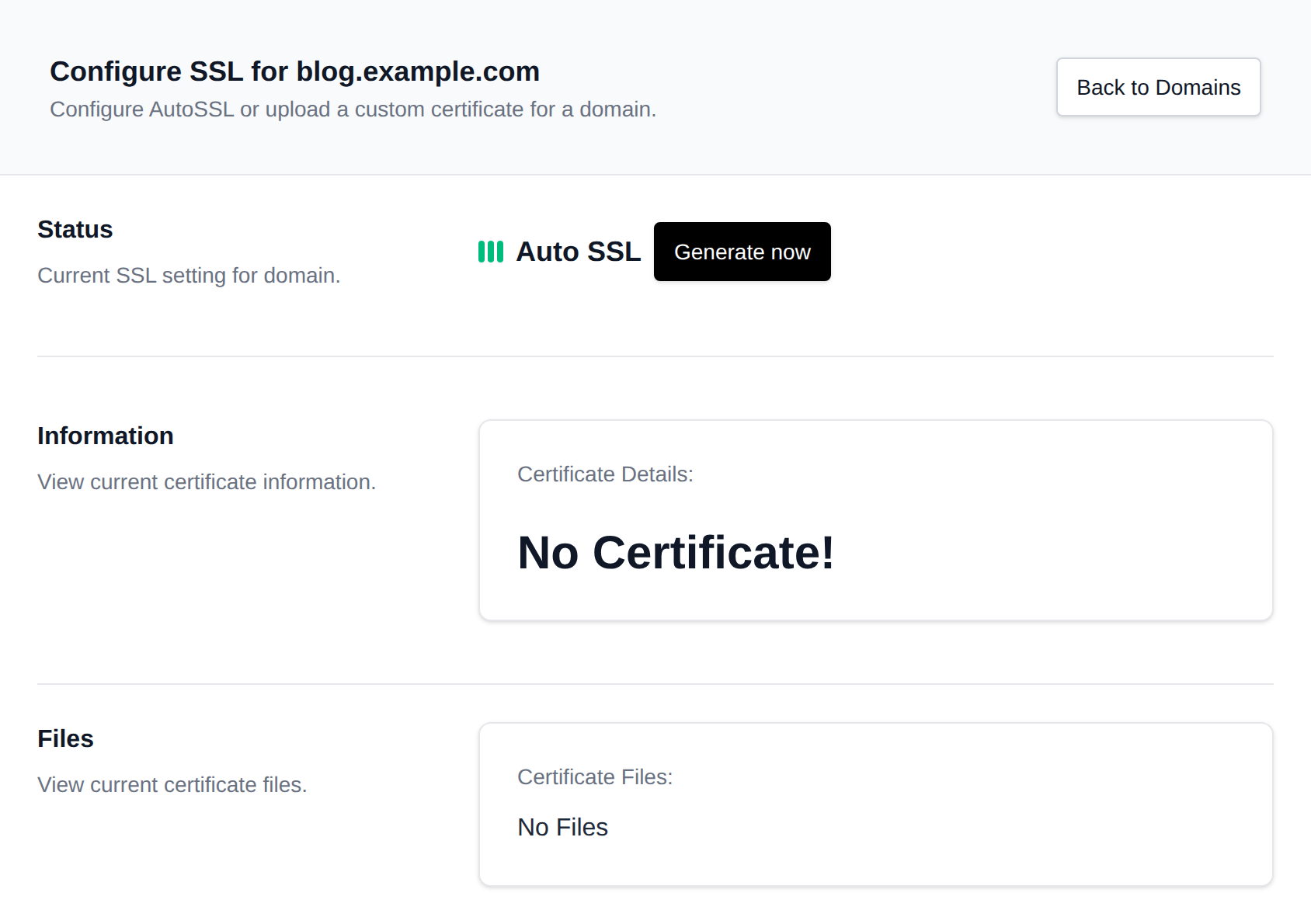 SSL page for a domain with the AutoSSL status, the Generate now button, and the certificate details and files
