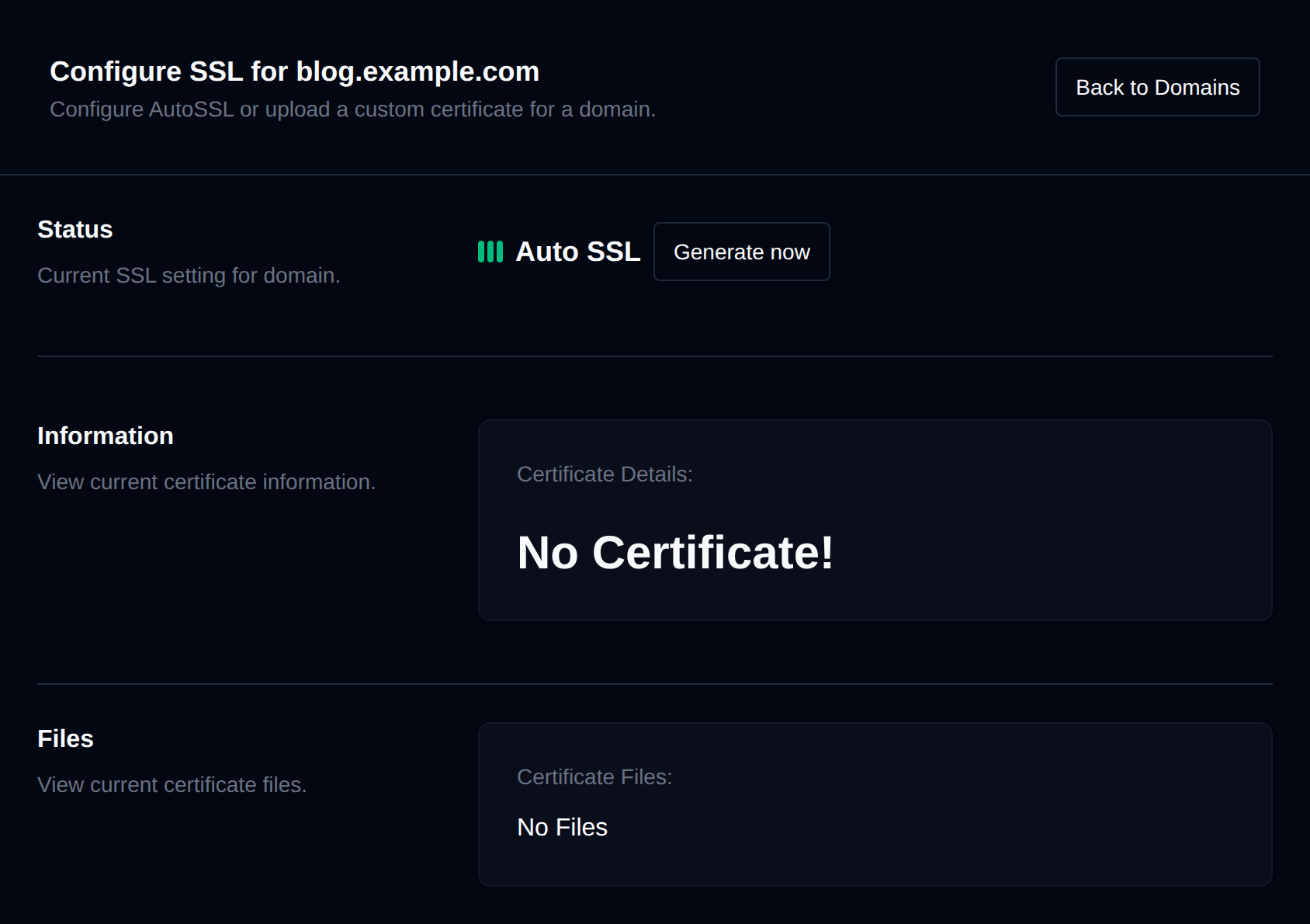 SSL page for a domain with the AutoSSL status, the Generate now button, and the certificate details and files