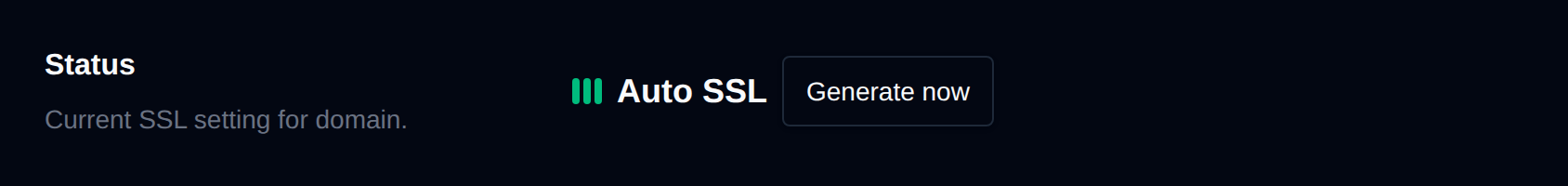 SSL Status row showing Auto SSL with the Generate now button
