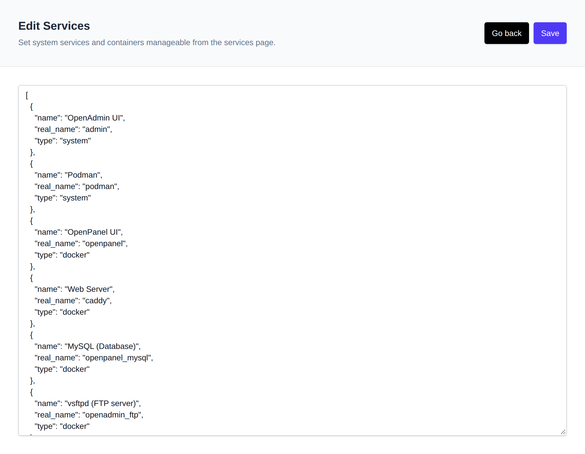 Edit Services page for changing which services are shown and monitored