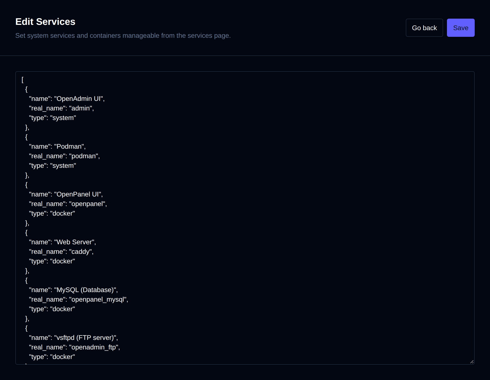 Edit Services page for changing which services are shown and monitored