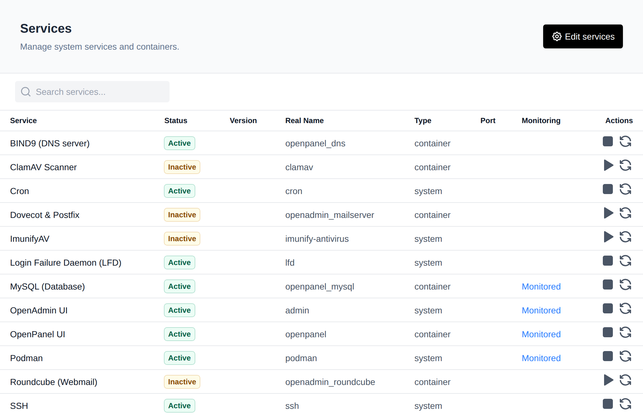 Services page listing system services with their status, version, real name, type, port, monitoring and actions