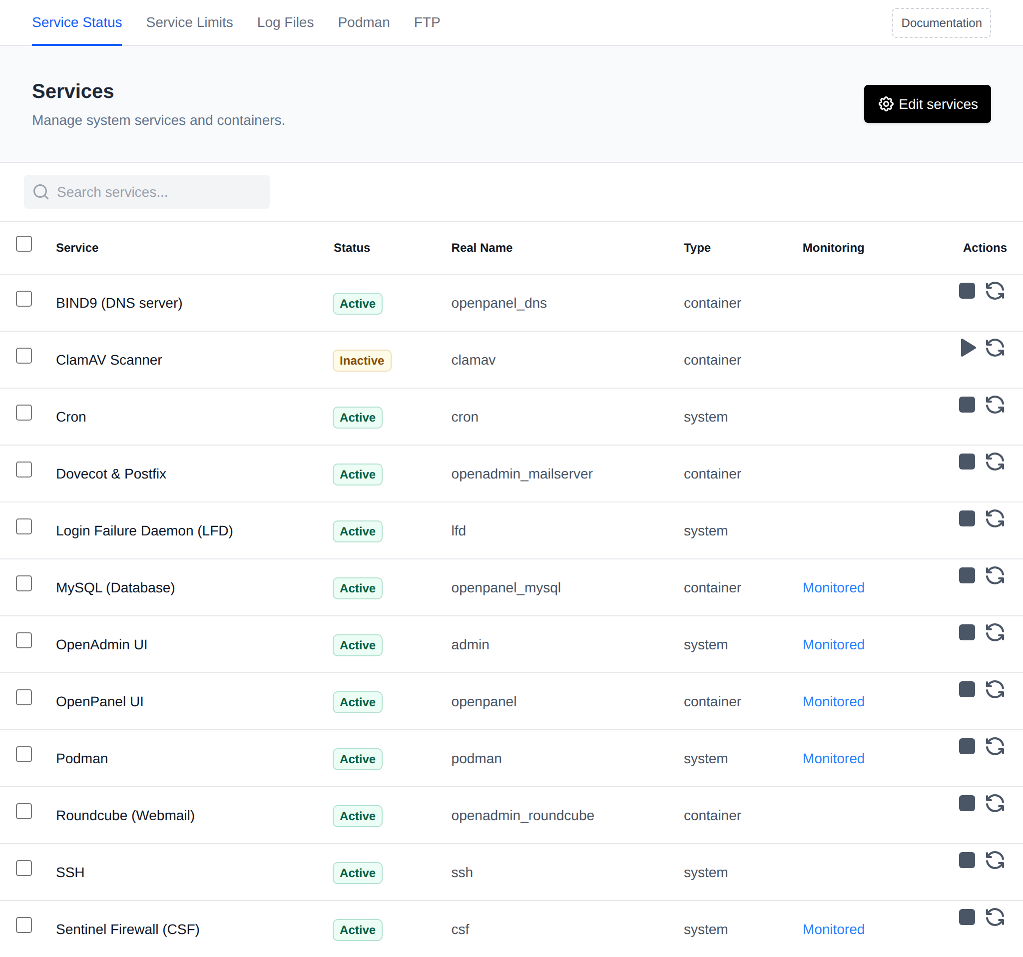 Services page listing system services with their status, version, real name, type, port, monitoring and actions