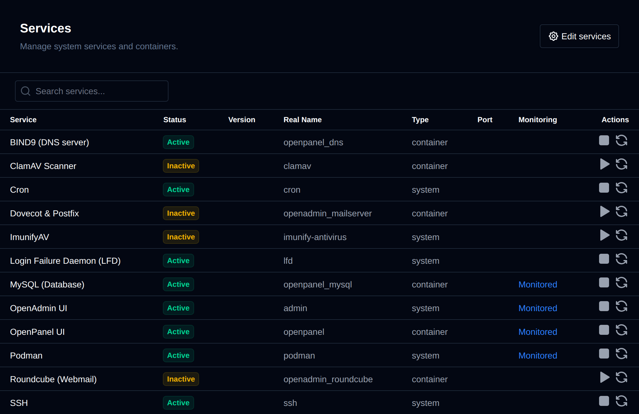 Services page listing system services with their status, version, real name, type, port, monitoring and actions