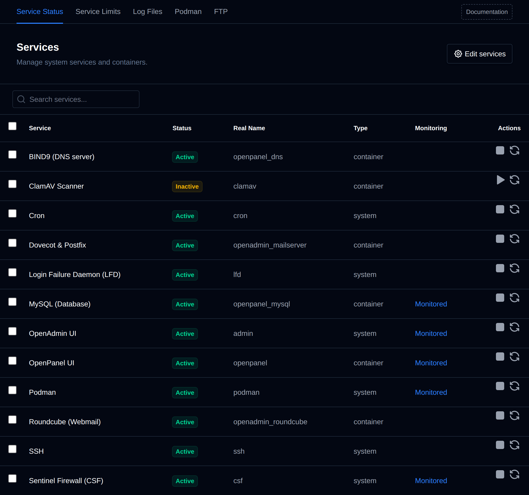 Services page listing system services with their status, version, real name, type, port, monitoring and actions