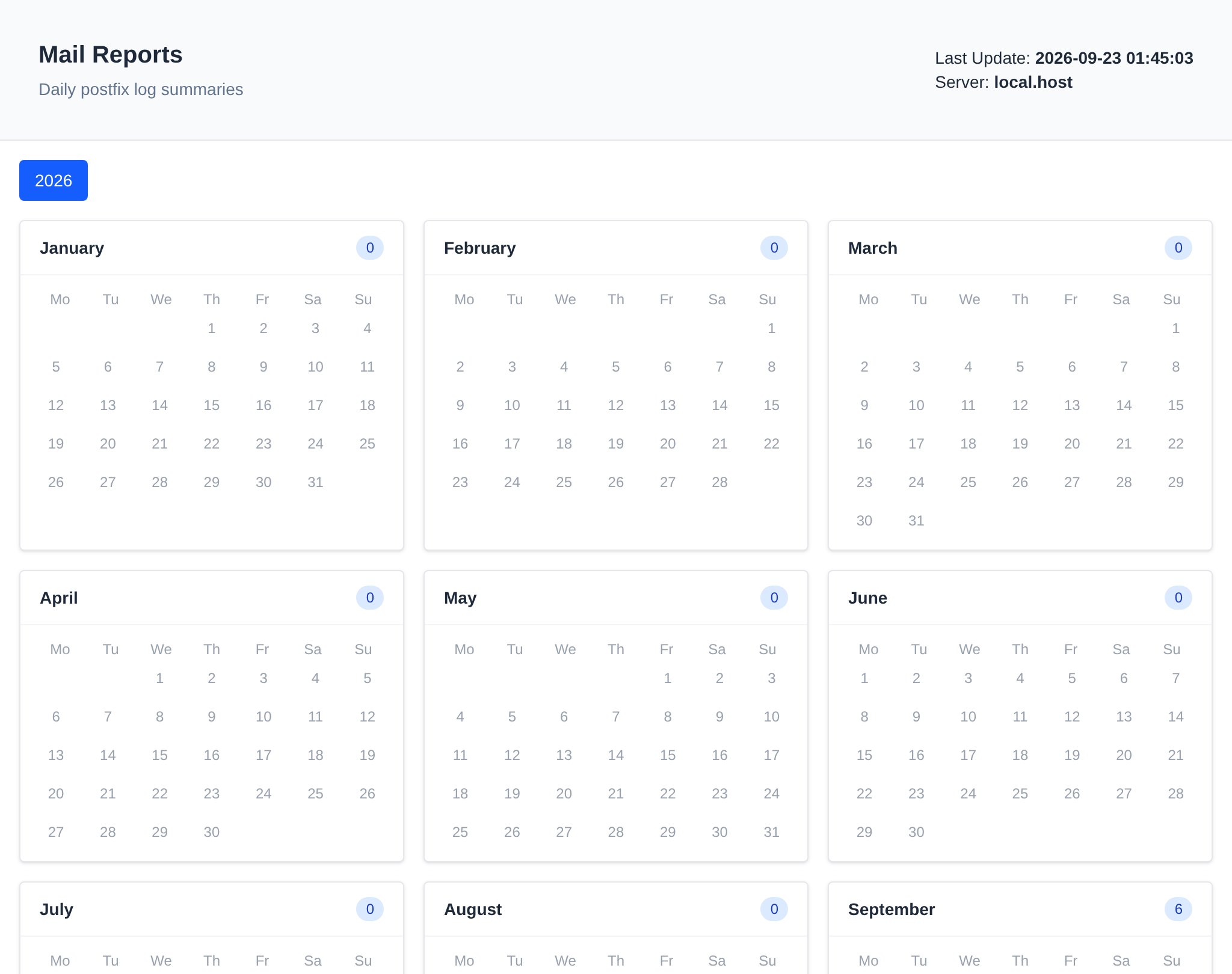 Mail Reports page with a calendar per month and the number of daily summary reports