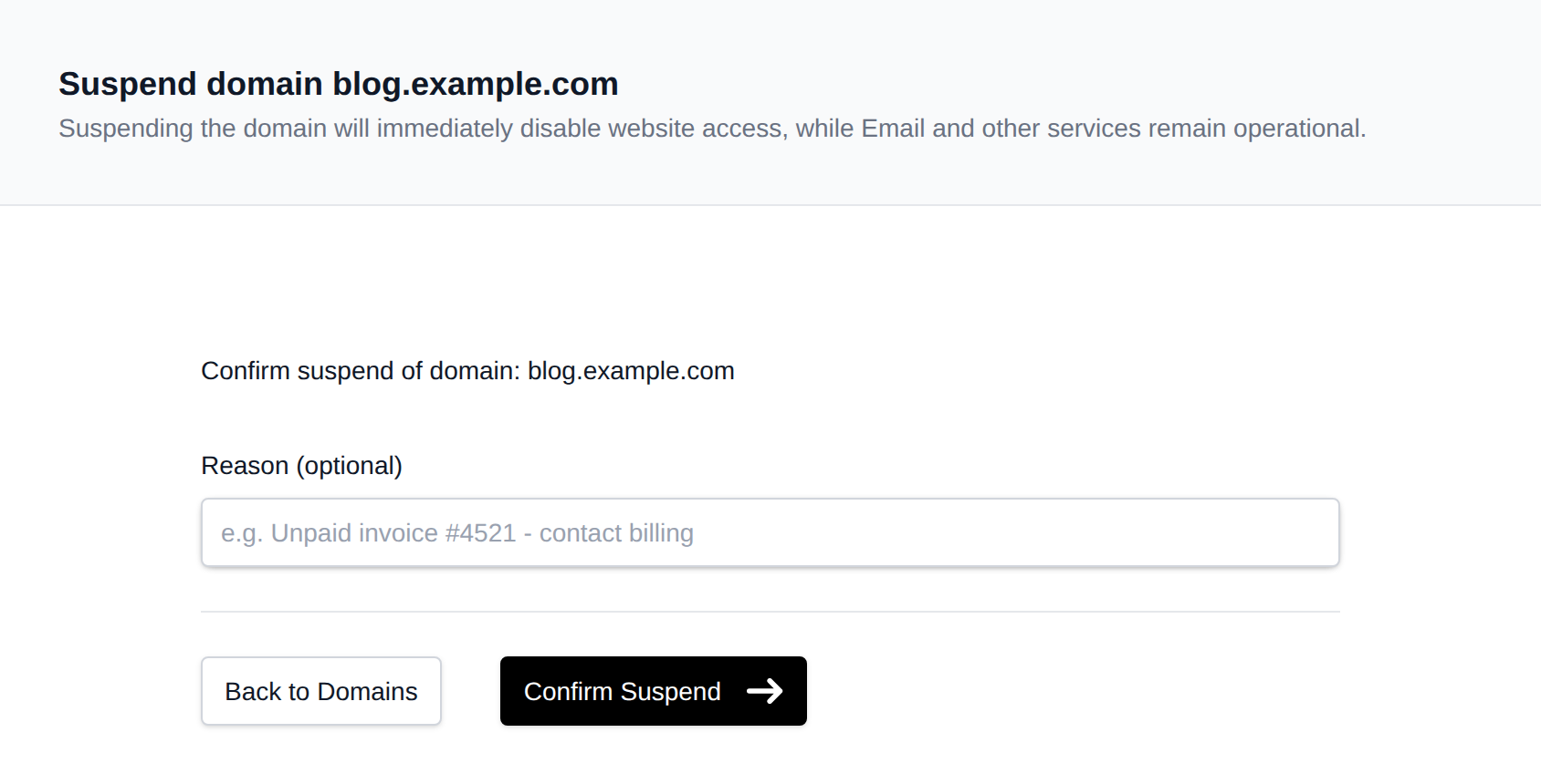 Suspend domain confirmation with an optional reason field and the Confirm Suspend button