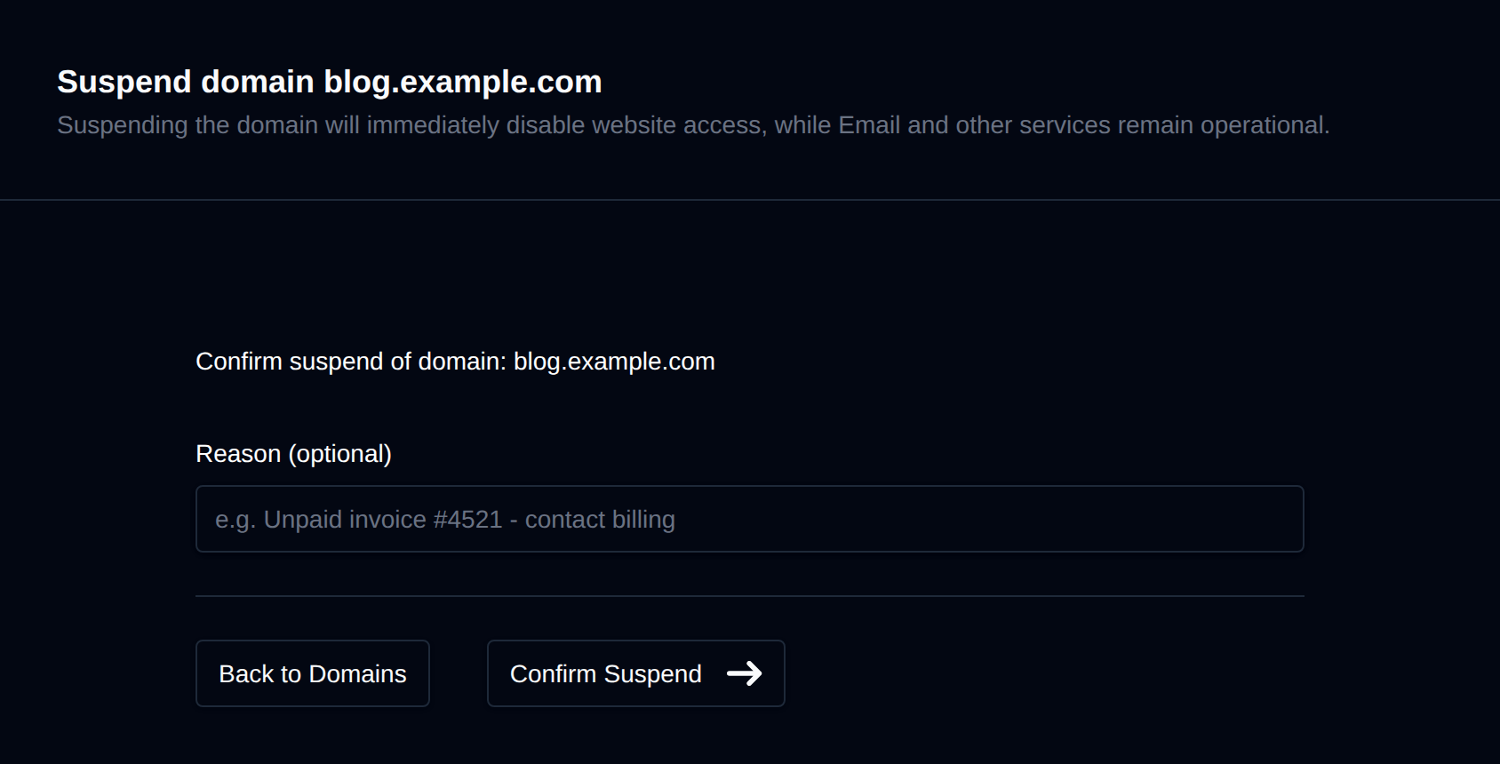 Suspend domain confirmation with an optional reason field and the Confirm Suspend button