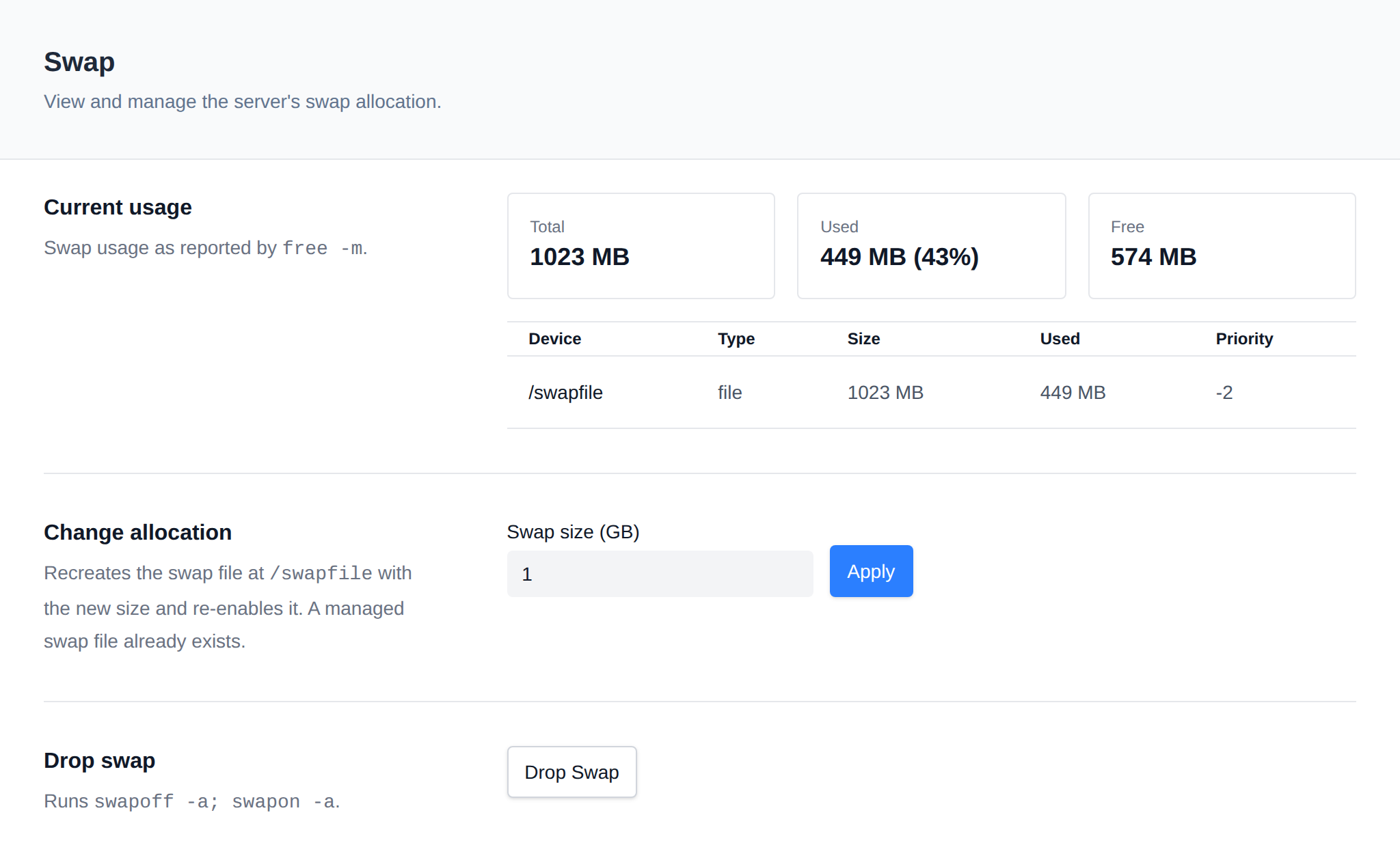 Swap page with the current swap usage, the swap size field with Apply, and the Drop Swap button