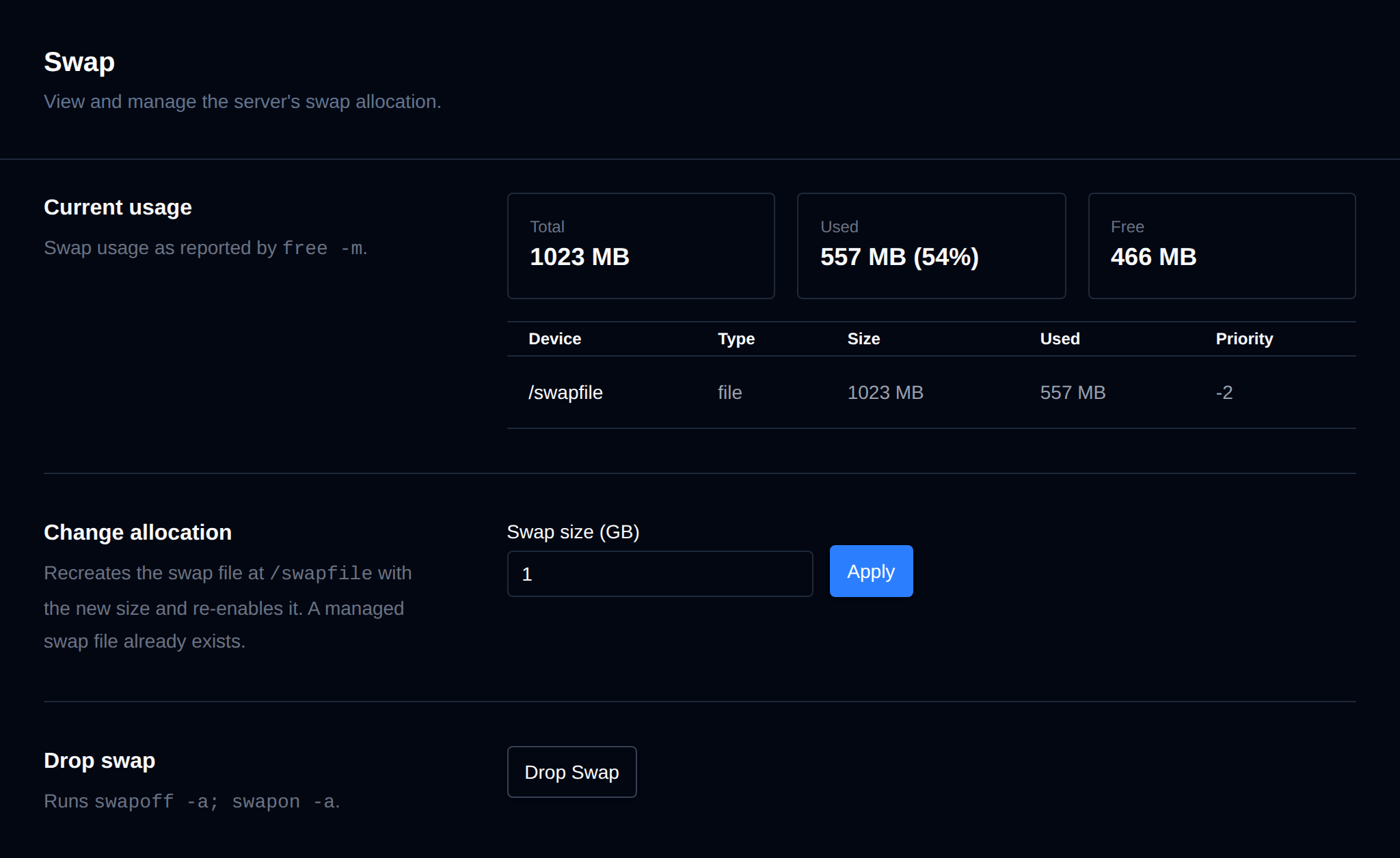 Swap page with the current swap usage, the swap size field with Apply, and the Drop Swap button