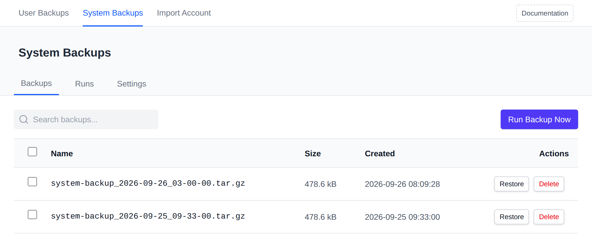 System Backups page on the Backups tab with the Run Backup Now button and the list of backup archives