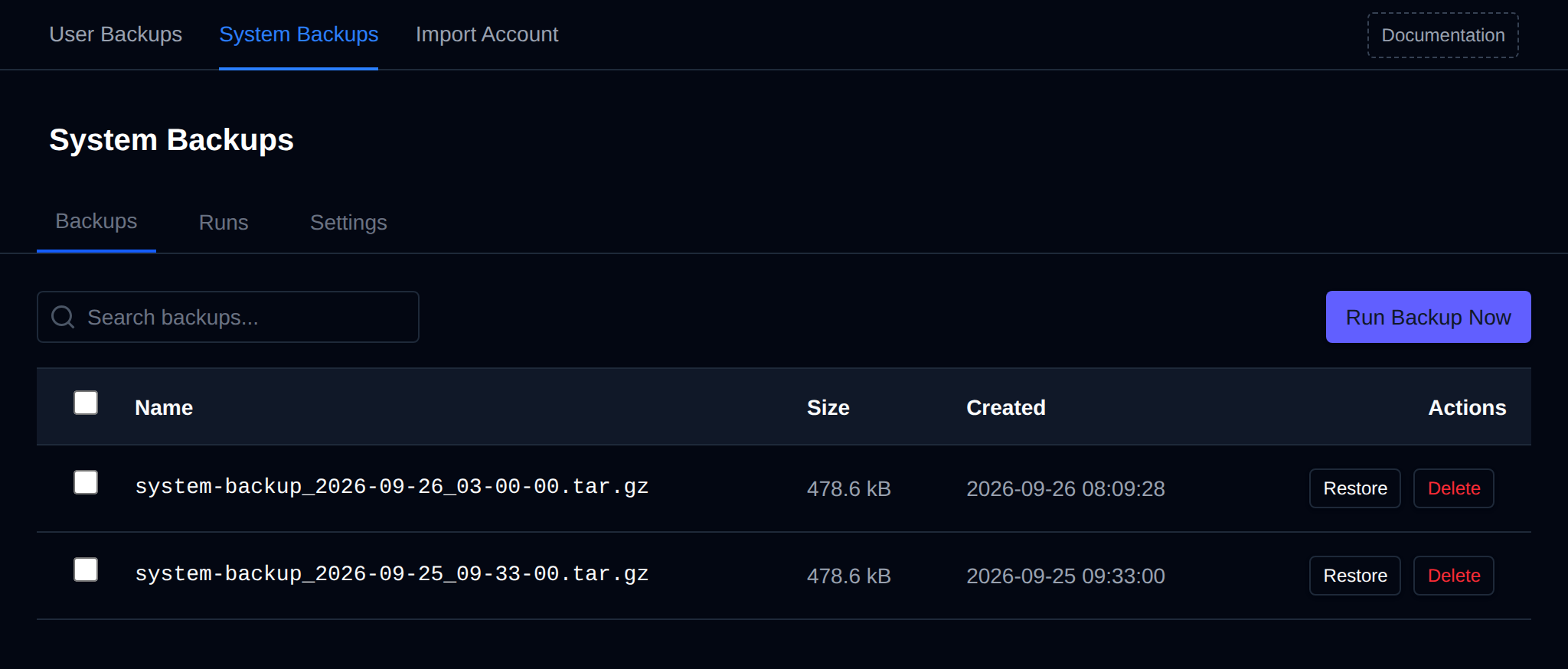 System Backups page on the Backups tab with the Run Backup Now button and the list of backup archives