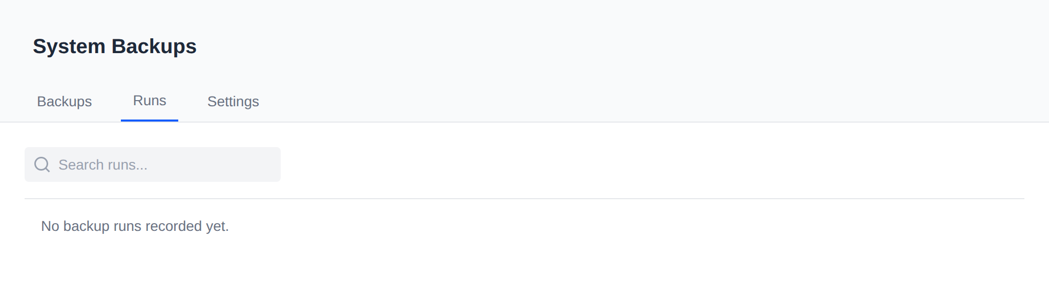 Runs tab of System Backups with the log of past backup runs