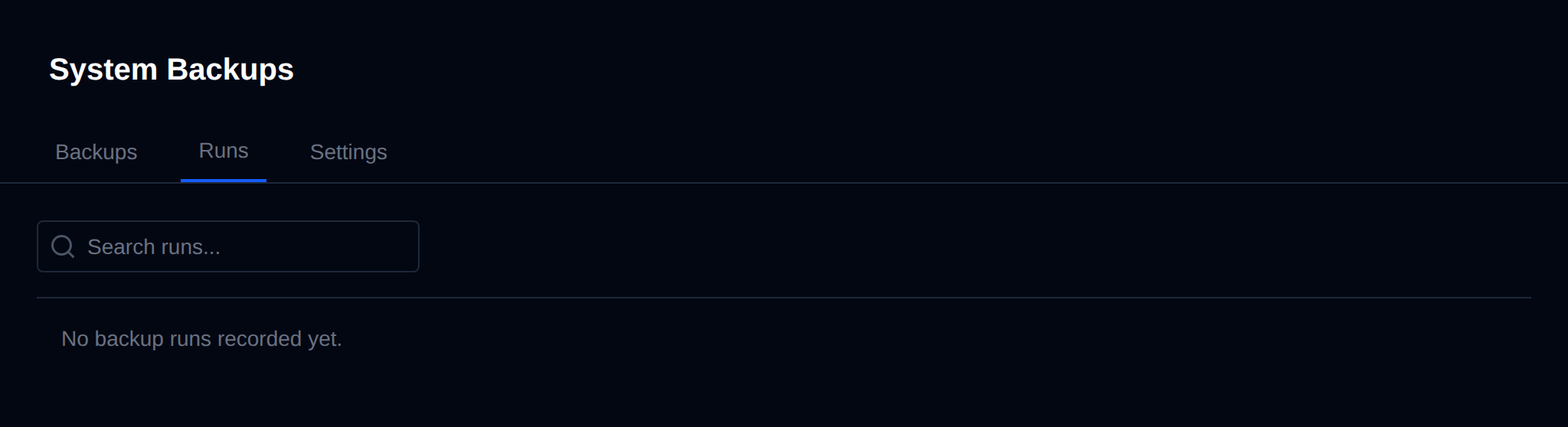 Runs tab of System Backups with the log of past backup runs
