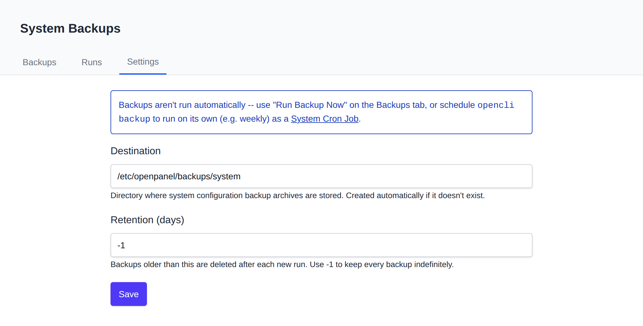 Settings tab of System Backups with the destination directory and retention in days
