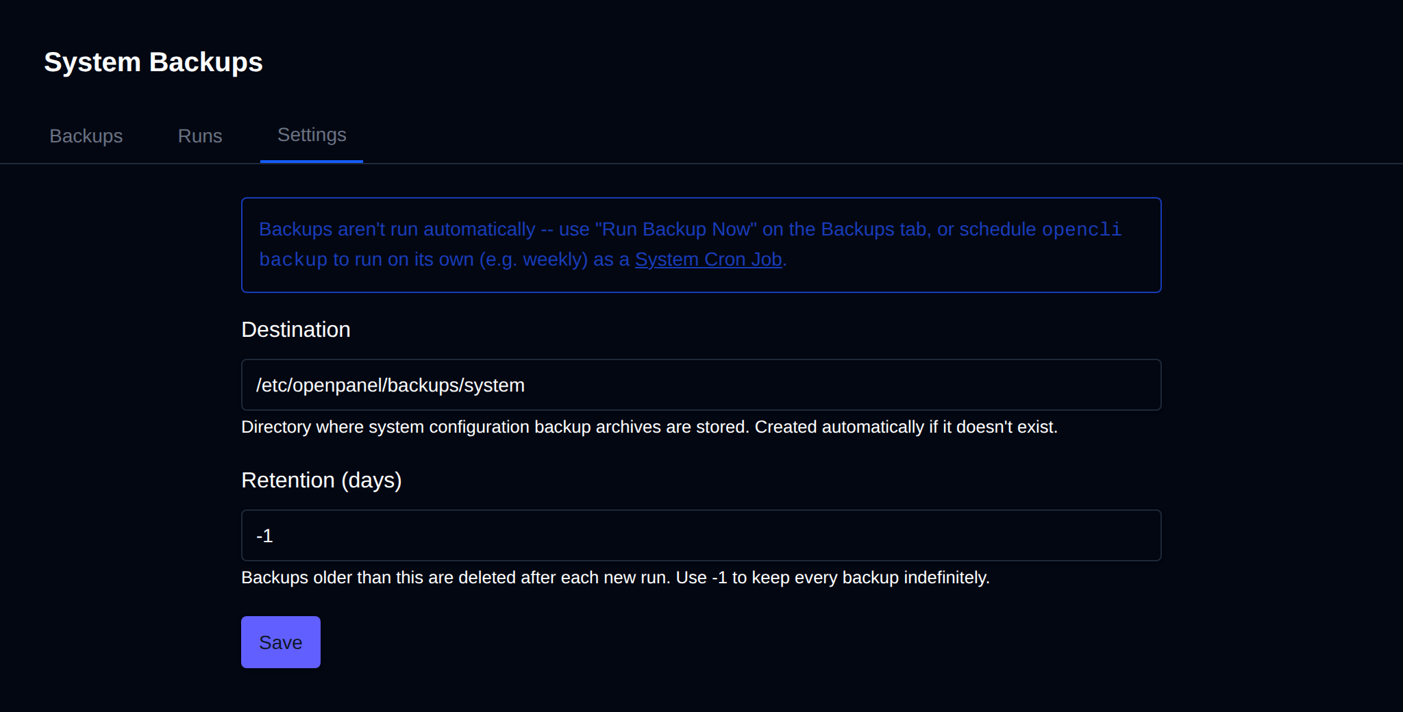 Settings tab of System Backups with the destination directory and retention in days