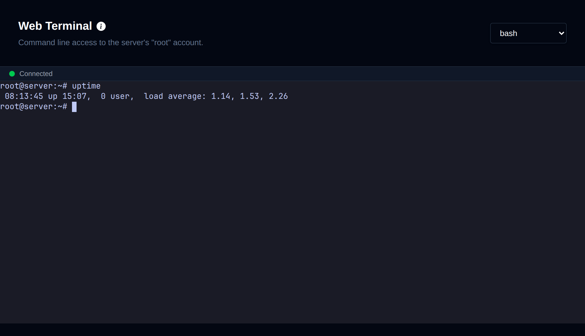 Web Terminal with a root shell on the server and the shell dropdown