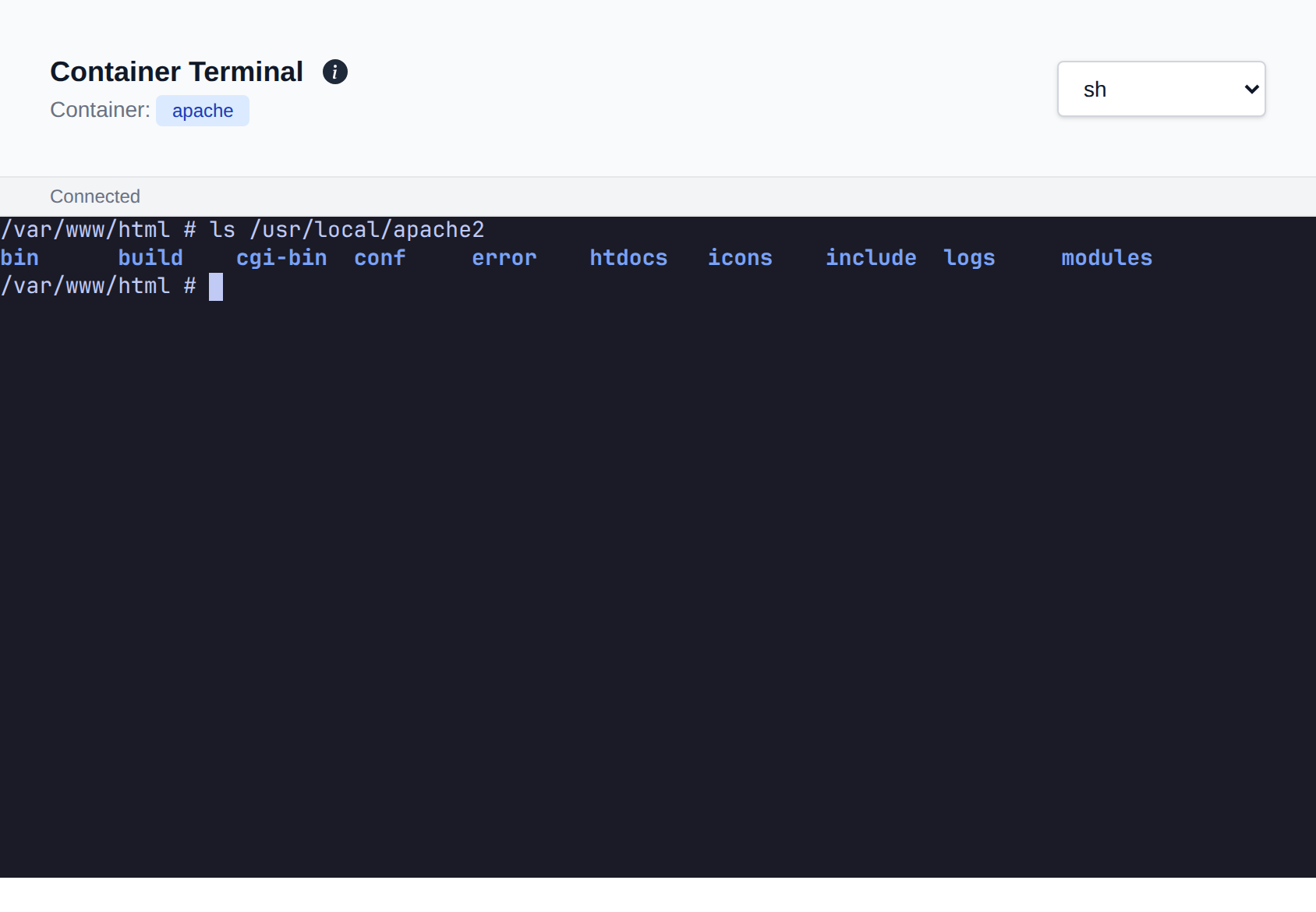 Terminal connected to the apache container with a shell prompt and the shell dropdown