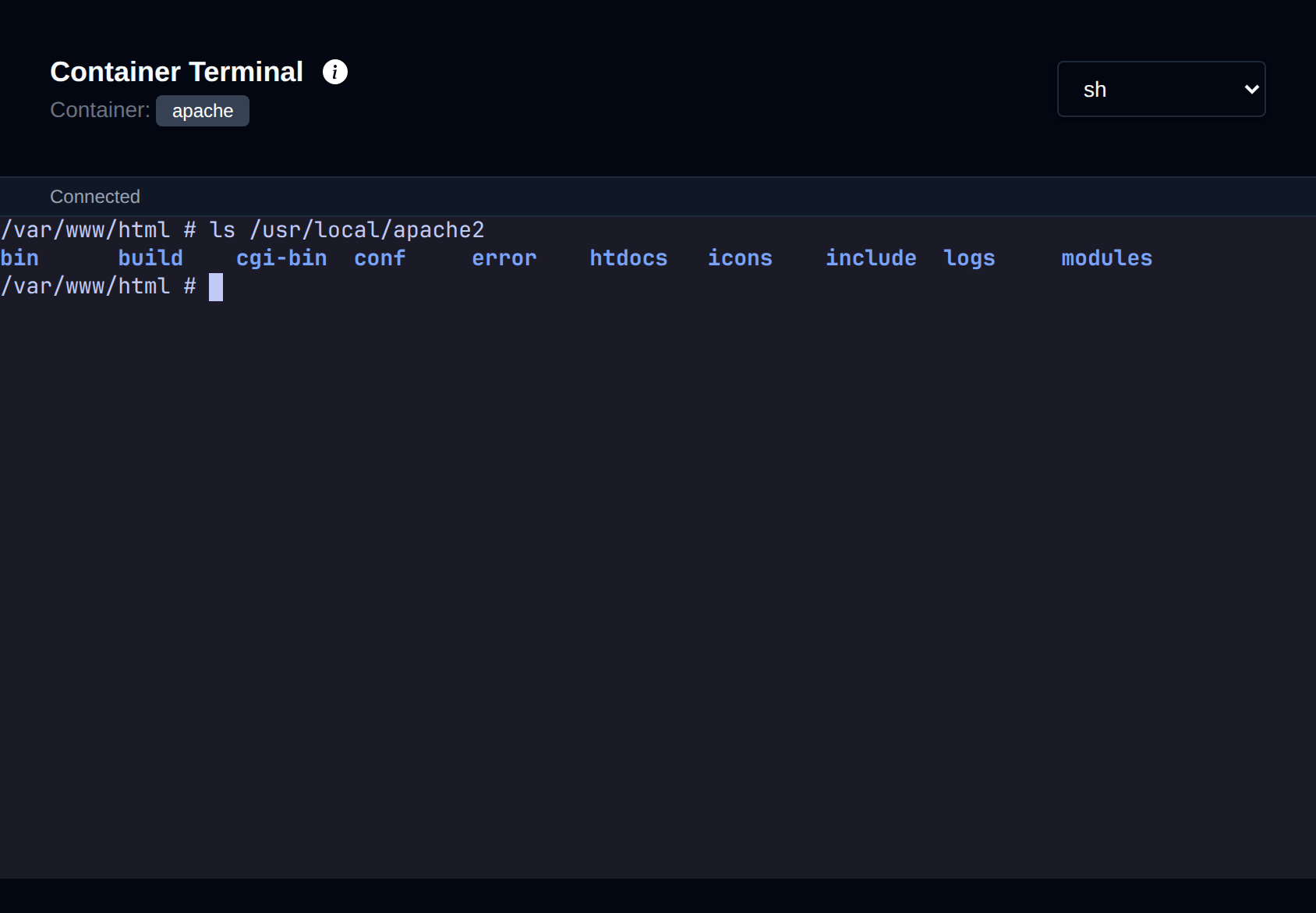 Terminal connected to the apache container with a shell prompt and the shell dropdown