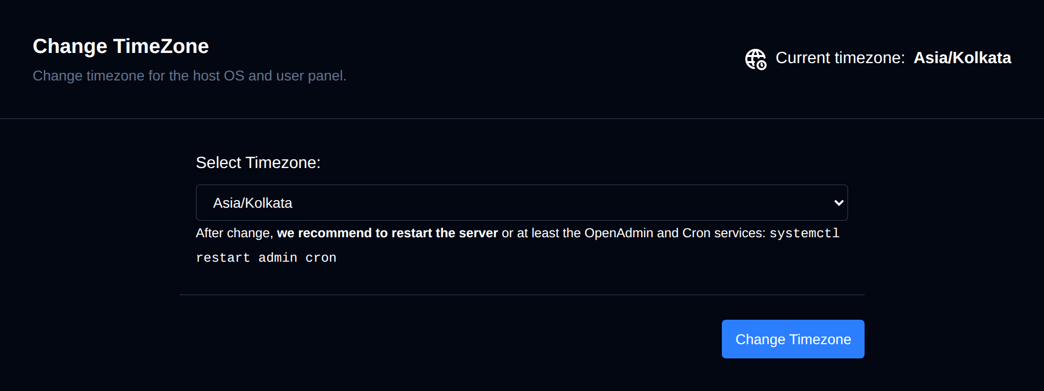 Change TimeZone page with the current timezone and the timezone dropdown