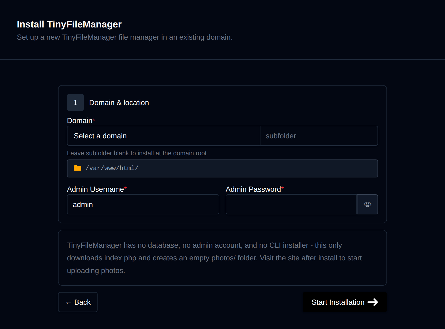 Install TinyFileManager form with the site details, domain and location, and admin credentials