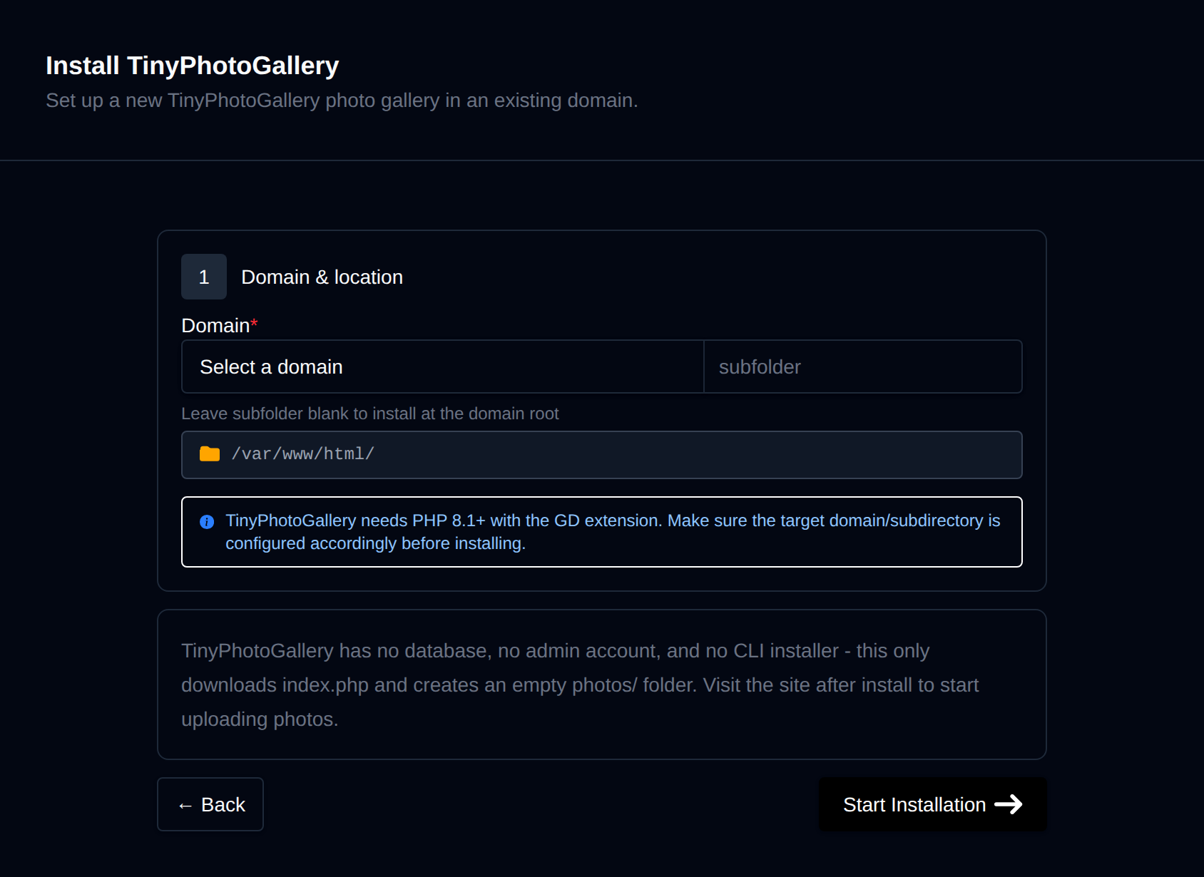 Install TinyPhotoGallery form with the site details, domain and location, and admin credentials