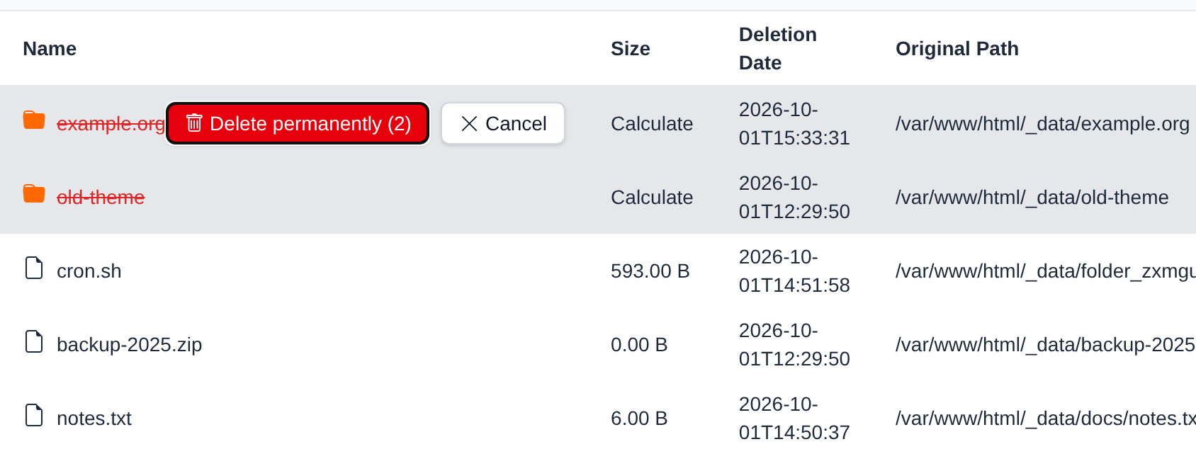 Two trash items crossed out in red with the Delete permanently and Cancel buttons