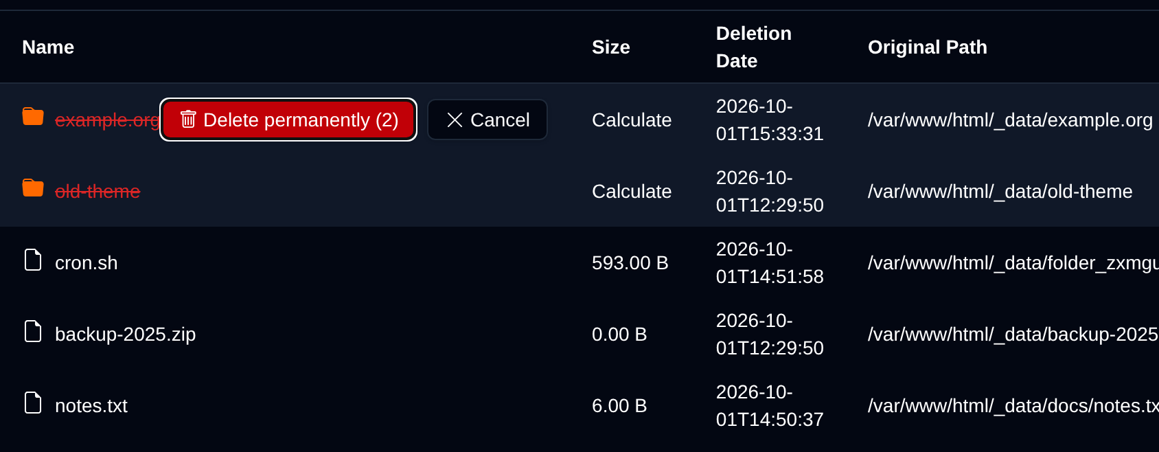 Two trash items crossed out in red with the Delete permanently and Cancel buttons