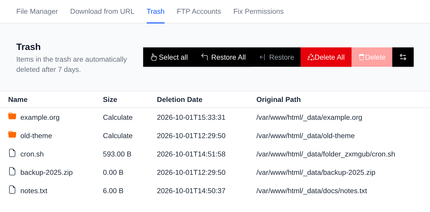 Trash page listing deleted files with their deletion date and original path, and the Restore All, Restore, Delete All and Delete buttons