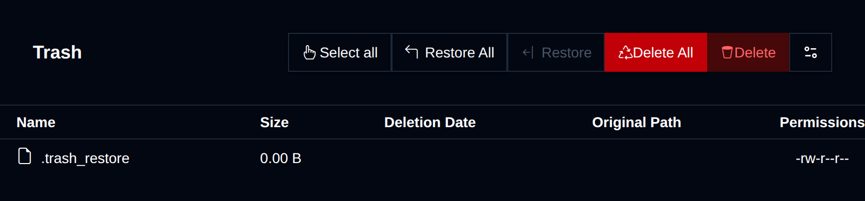 Trash page listing deleted files with Restore and Delete actions