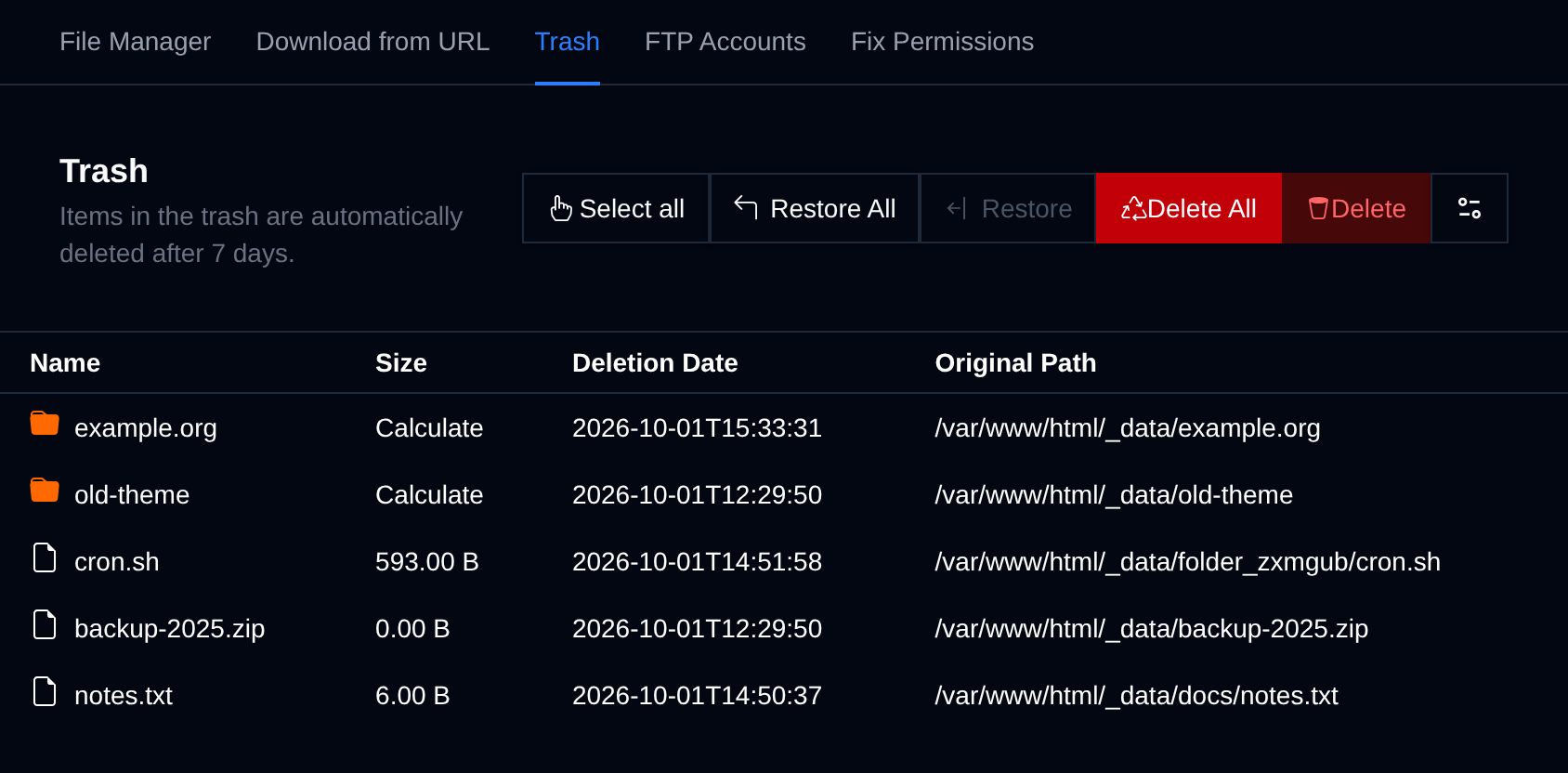 Trash page listing deleted files with their deletion date and original path, and the Restore All, Restore, Delete All and Delete buttons