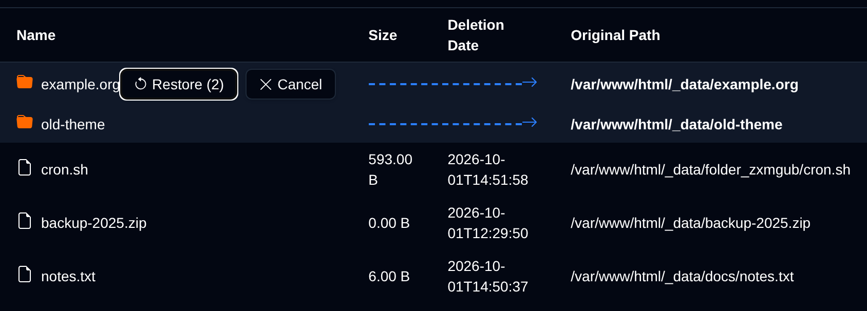 Two trash items being restored, their rows greyed out except the name and an arrow pointing to the original path, with the Restore and Cancel buttons