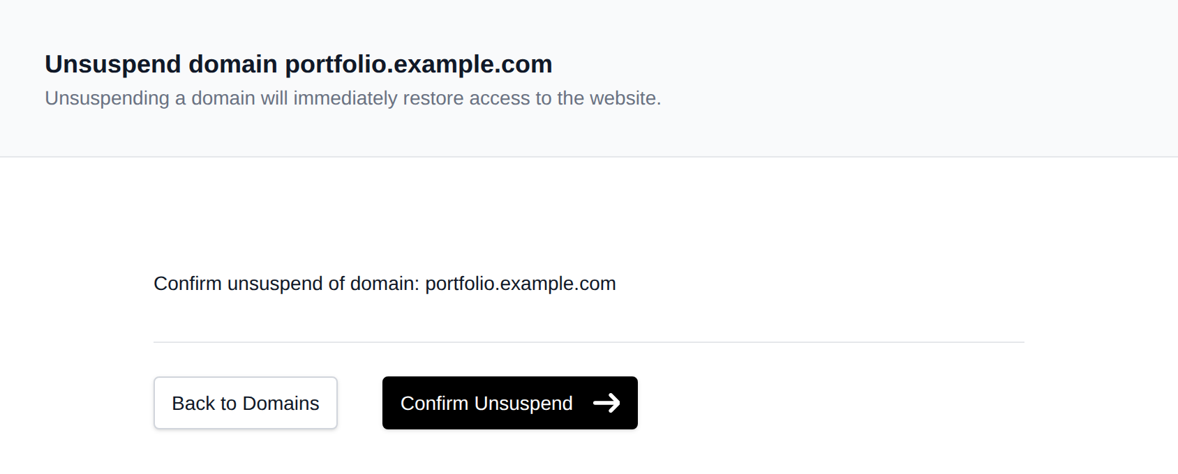 Unsuspend domain confirmation with the Confirm Unsuspend button